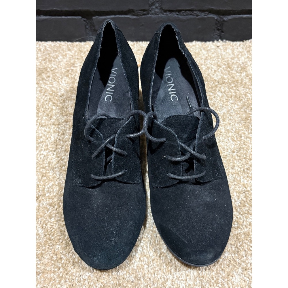 Vionic Maura Black Suede Lace Up Heeled Booties Oxfords Shoes Womens 8 385MAURA